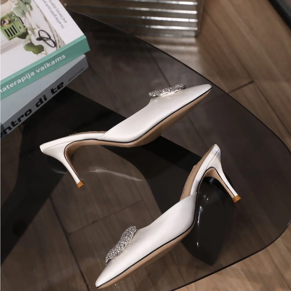 Manolo Blahnik Hangisi Mules - Ivory Satin with Crystal Buckle - Picture 3 of 6
